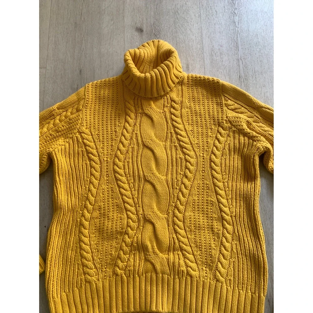 Lands' End Mustard Yellow Cable Knit‎ Turtleneck Sweater Womens XL 100% Cotton